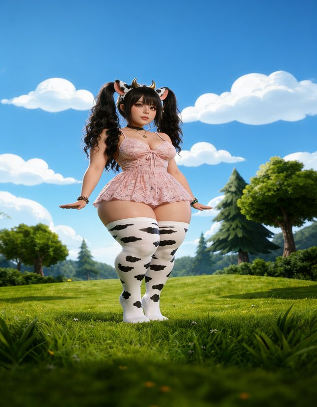 3D rendered kawaii cow girl character standing on a lush grassy hill under a bright stylized blue...