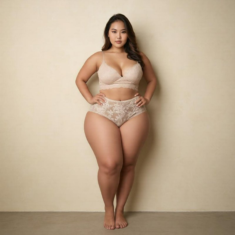 Plus size East Asian woman posing in soft neutral beige lace lingerie against a plain cream studi...