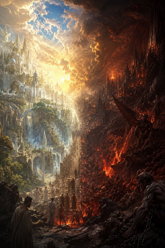 Dramatic split scene: central staircase divides a glowing heavenly celestial realm left and fiery...