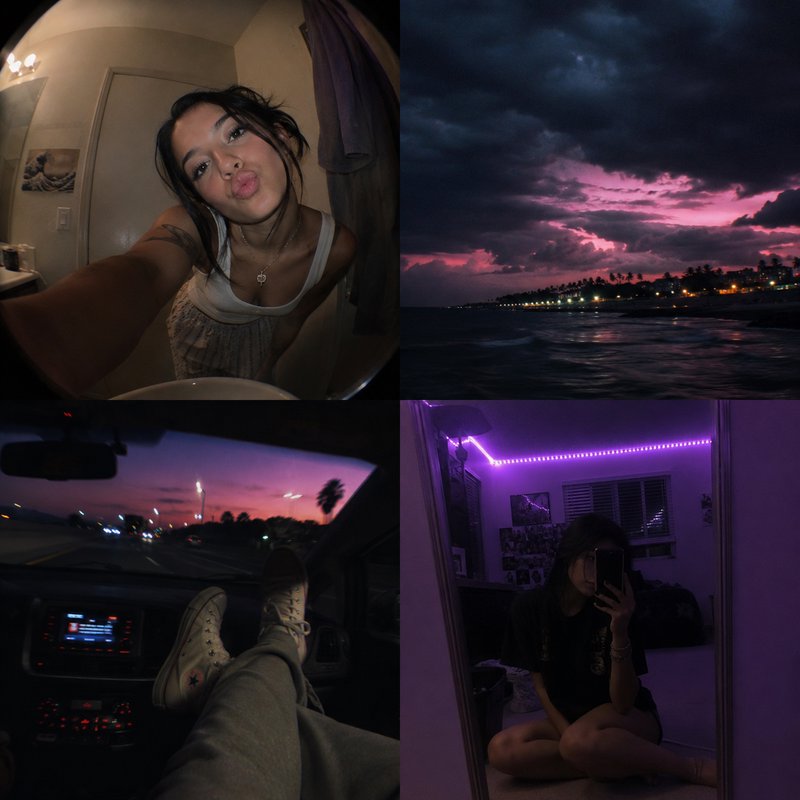 4-panel moody late night lifestyle collage featuring candid selfies, coastal sunset, and road tri...