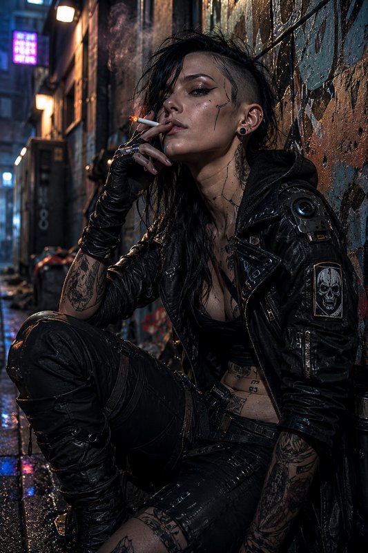 Heavily tattooed cyberpunk woman in a black leather jacket smokes while leaning against a graffit...