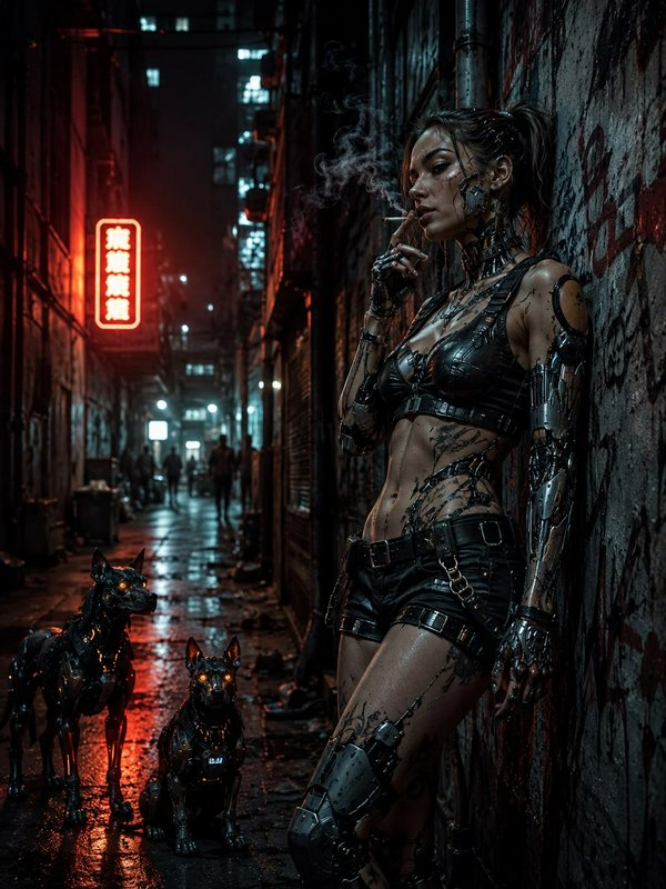 Cyberpunk cyborg woman smoking leans on graffiti alley wall, with robotic guard dogs in rainy neo...