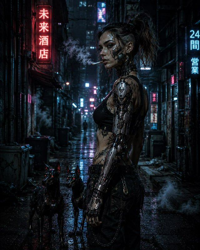 Cyborg woman with mechanical arm smokes, standing with red-eyed robotic Dobermans in a rain-soake...