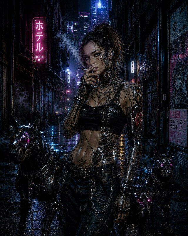 Augmented cyberpunk cyborg woman stands with robotic guard dogs in rainy neon Tokyo alley at night