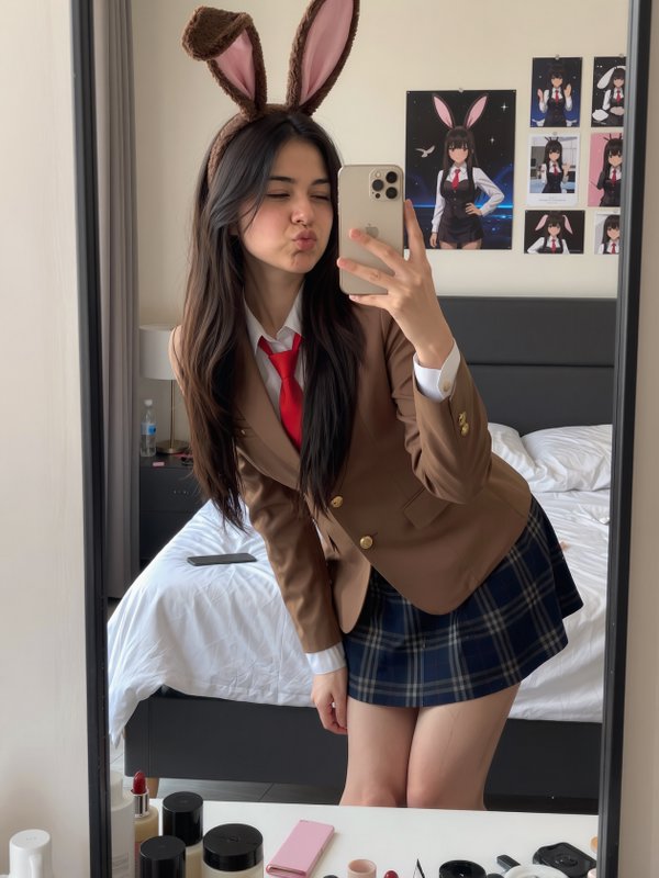 Young woman in bunny ear headband and school uniform cosplay takes playful mirror selfie pouting ...