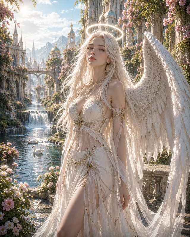Ethereal platinum blonde angel with glowing halo and feathered wings stands in a sunlit fantasy c...