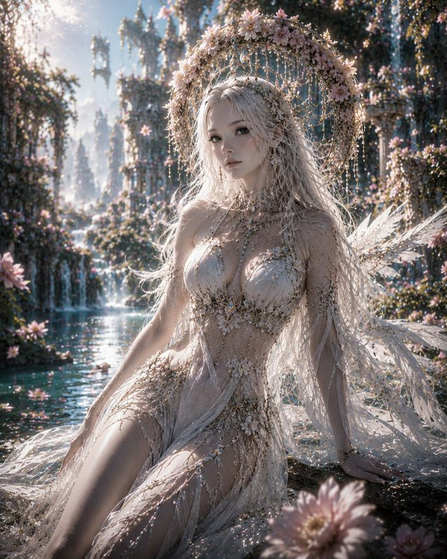 Ethereal platinum-haired fairy angel with floral halo sits on the edge of an enchanted turquoise ...