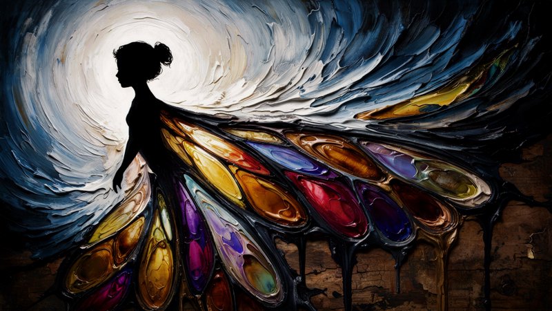 [Thick impasto painting of a woman silhouette with jewel-toned butterfly wings against a swirling glowing sky]