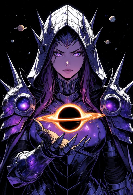 Anime cosmic female knight holds a glowing ringed black hole, wearing spiked purple armor against...