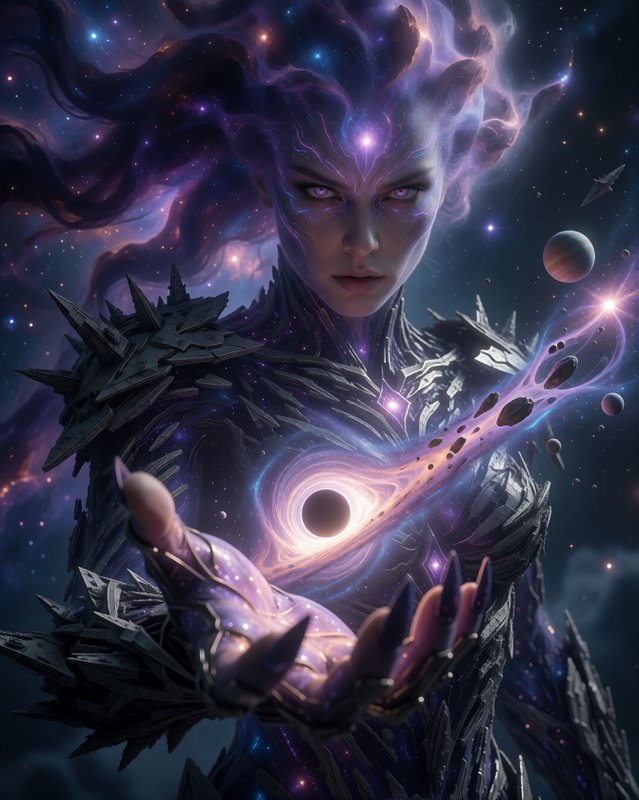Powerful cosmic celestial woman with nebula hair holds a glowing swirling black hole in starry ou...