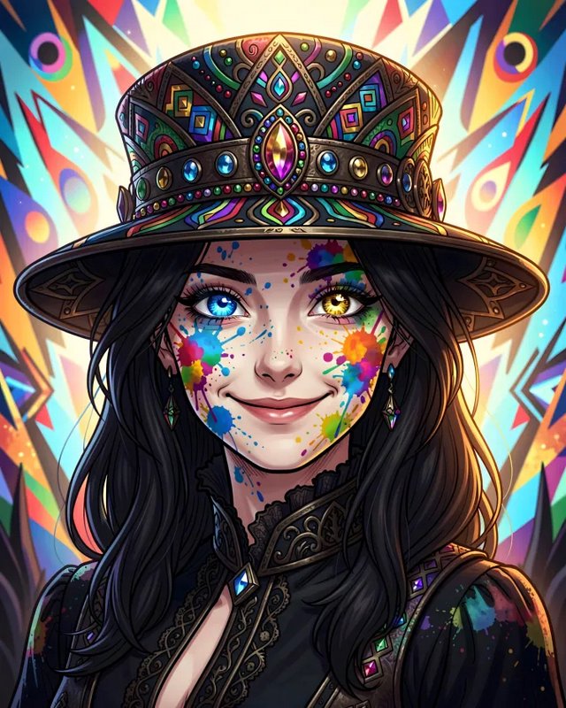 Portrait of smiling fantasy woman with heterochromatic eyes, face paint splatters, ornate jeweled...