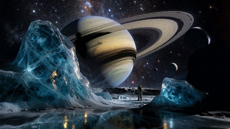 Lone astronaut stands on glacial alien terrain beneath a massive ringed gas giant in starry deep ...