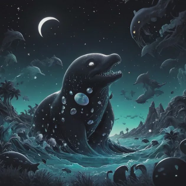 Surreal fantasy scene of a giant spotted sea creature rising from teal ocean under a crescent moo...