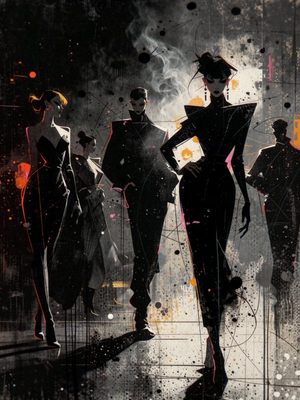 Stylized avant-garde illustration of sharply dressed elegant fashion figures against a grungy ink-splattered dark background.