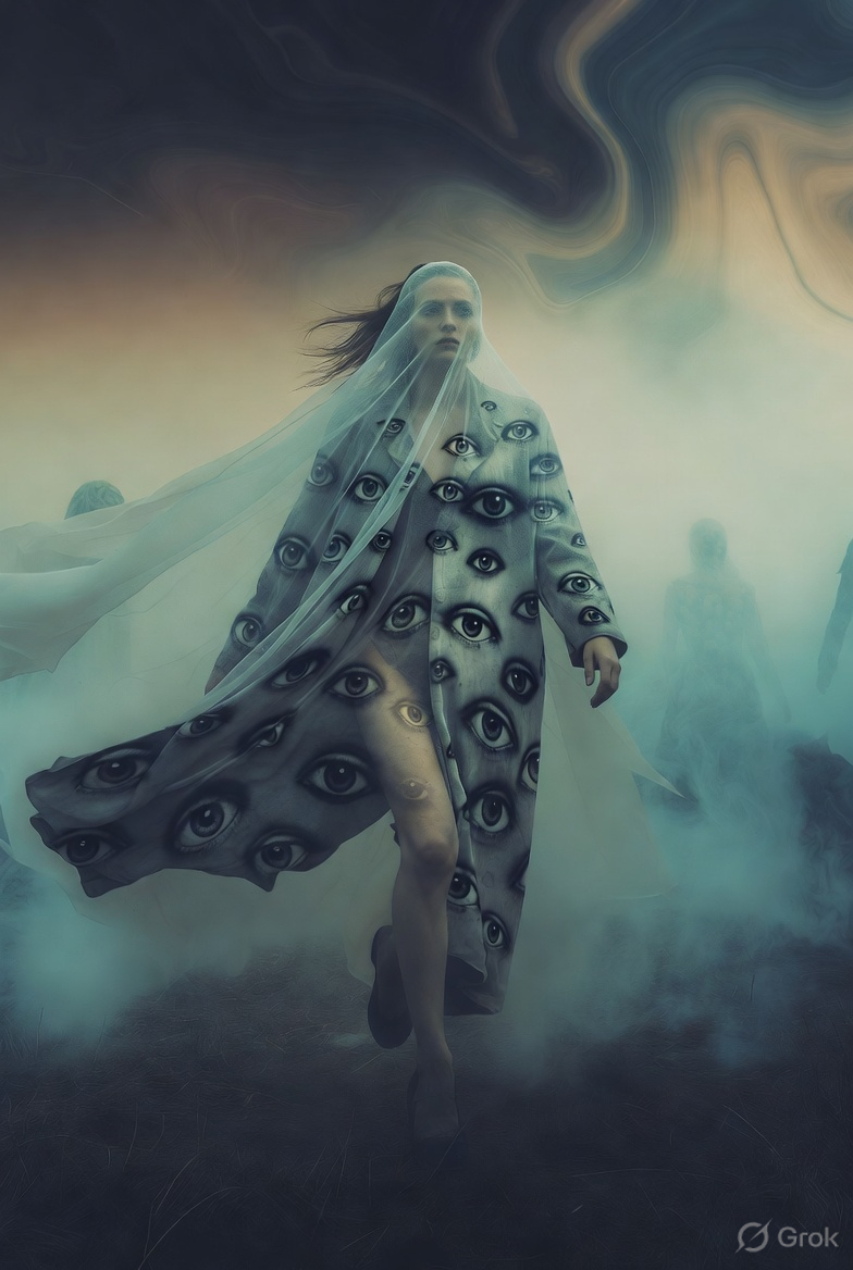Surreal fashion model wrapped in a veil with an eye-covered cape, walking through fog.