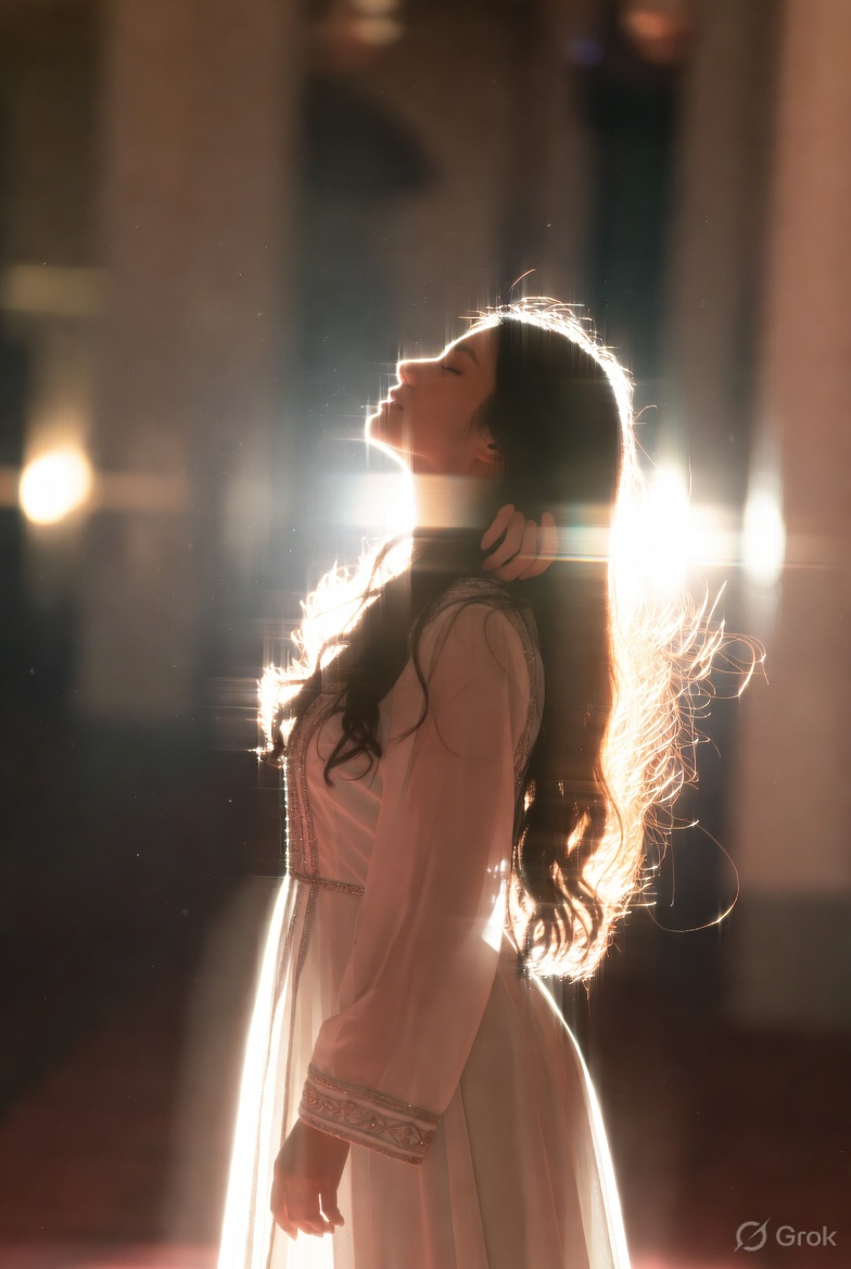 Woman in a sheer white dress stands in backlight with a soft halo and dreamy glow.