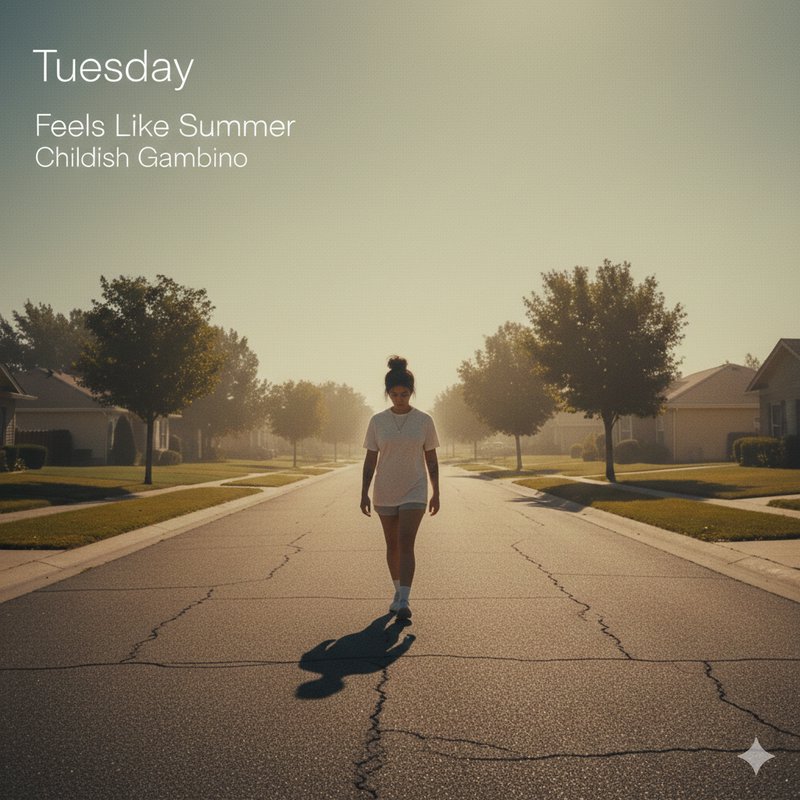 Person walks alone on a sunlit suburban street during golden hour with overlay text.