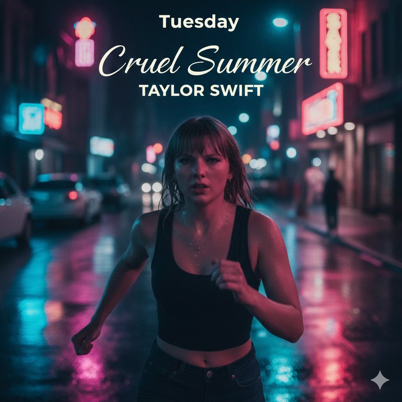 Nighttime street scene with a woman running under neon lights and "Cruel Summer" Taylor Swift text.
