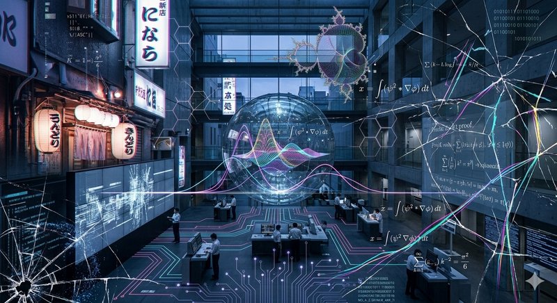 Futuristic open-plan office with holographic data visuals and neon network graphics.