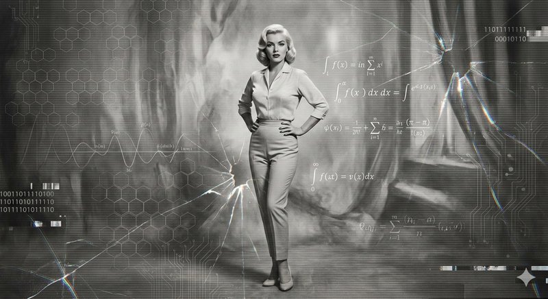 Black-and-white vintage portrait of a confident woman with math formulas and tech-inspired patterns.