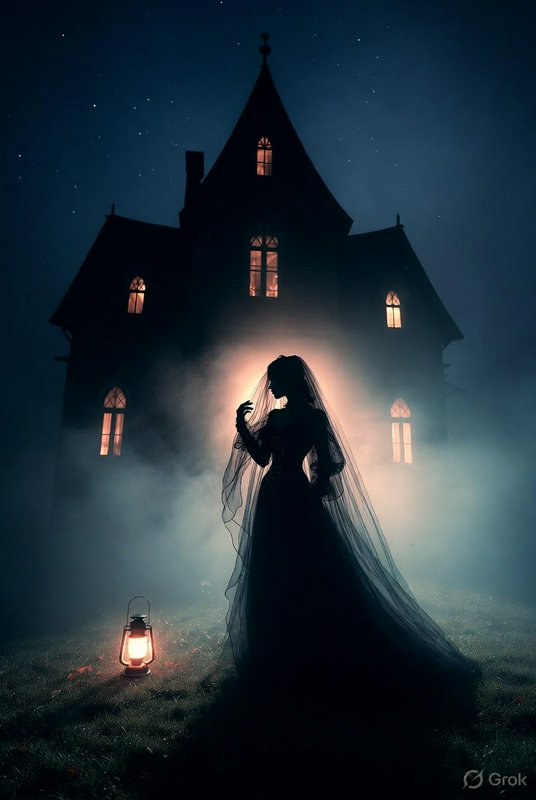 Silhouette of a veiled woman in a long gown beside a glow-lit haunted house at night.