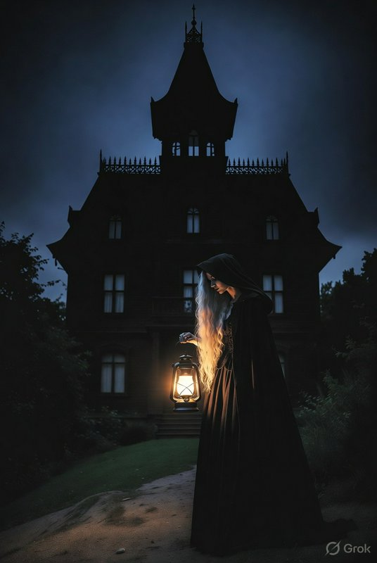 A cloaked figure holding a lantern in front of a dark, gothic Victorian mansion at night.