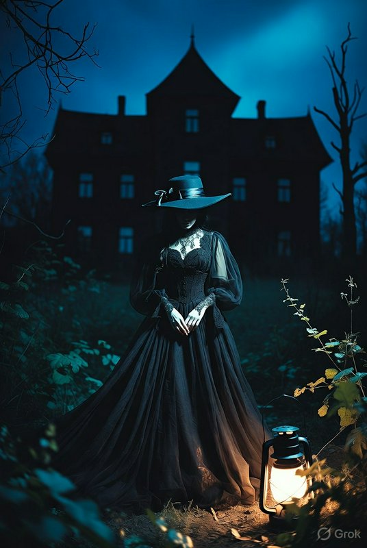 Gothic woman in a black Victorian dress and wide-brim hat stands with a lantern before a dark, ee...