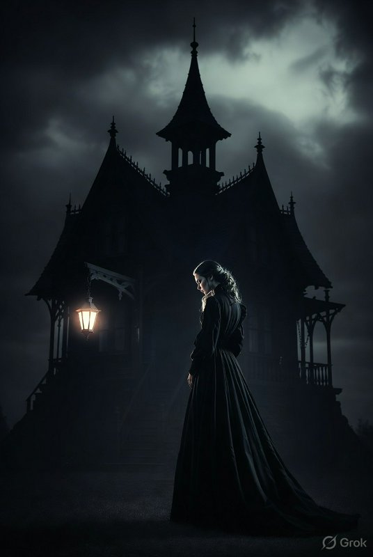 Silhouette of a woman in a long black gown before a haunted Victorian-style house at night with a...