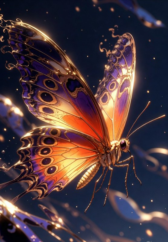 Ornate, glowing butterfly with gold-edged purple-orange wings in a dark dreamy background