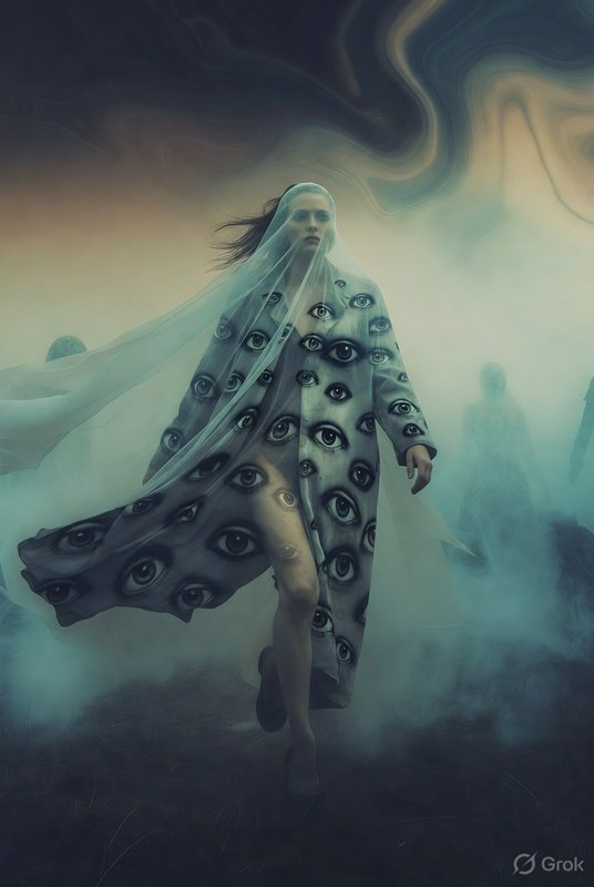 Surreal fashion model wrapped in a veil with an eye-covered cape, walking through fog.