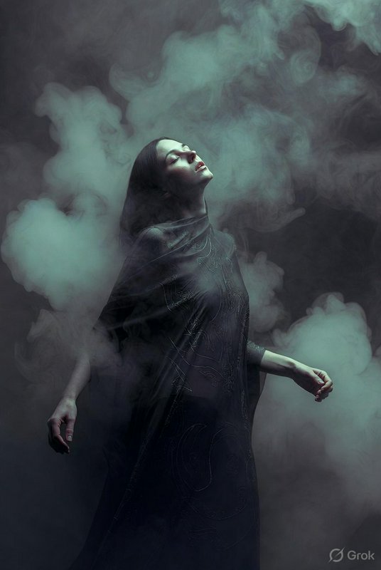 Moonlit studio portrait of a woman in a dark cloak surrounded by green-tinged smoke.