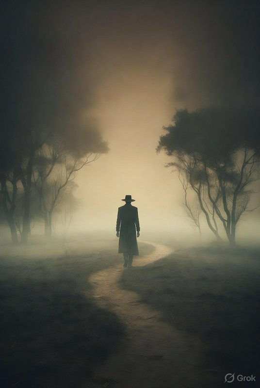 Silhouetted figure in a long coat and wide-brim hat walking a foggy, moonlit path between dark tr...