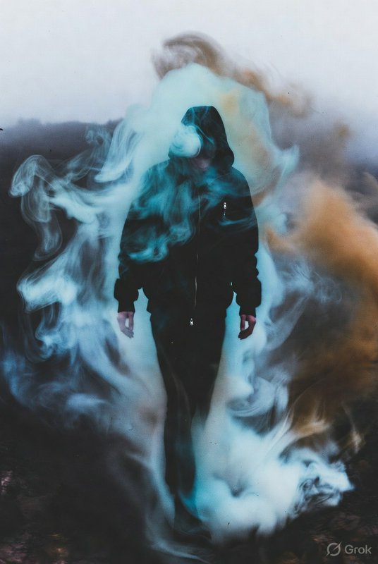 Person in a black hoodie walking through swirling blue and orange smoke outdoors.
