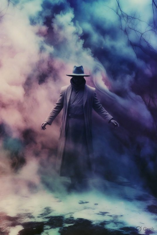 Mysterious figure in a wide-brim hat and long coat standing in vivid colored smoke.