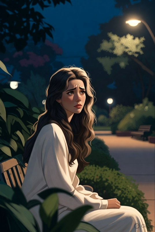 Illustrated woman with long wavy hair in a white dress sitting on a park bench at night.