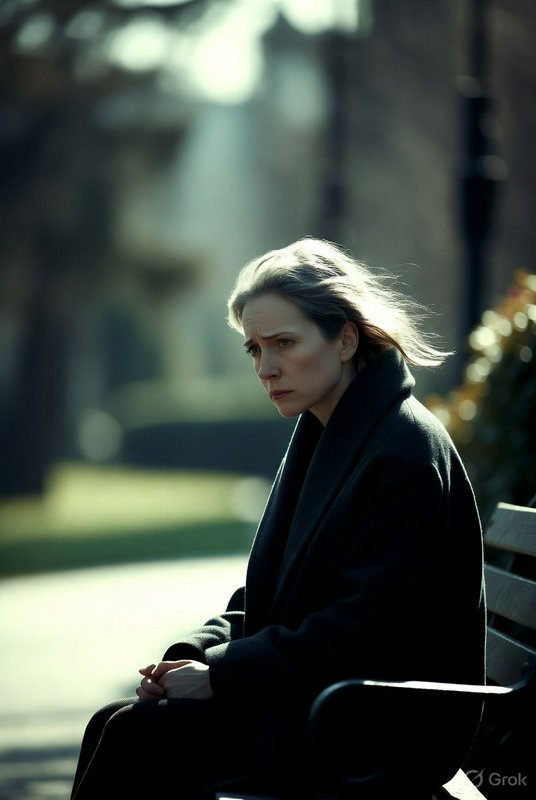 Somber woman in a dark coat sits on a park bench outdoors.