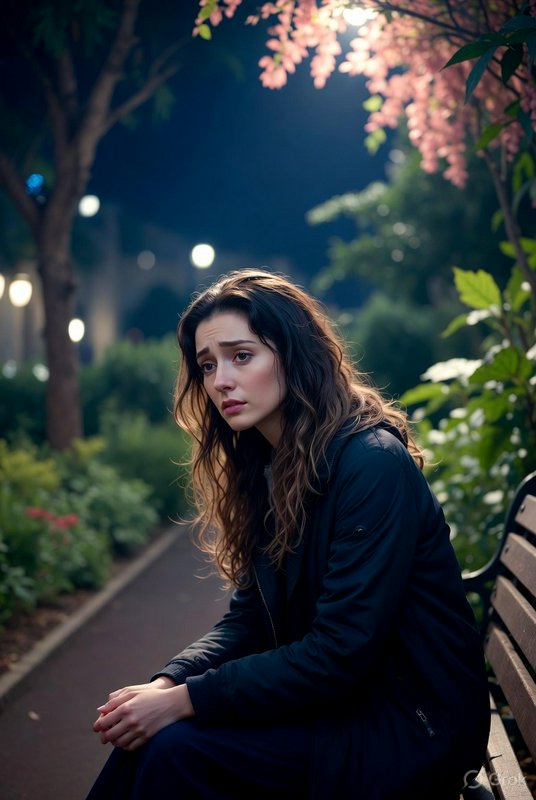 Woman sitting on a park bench at night, moody portrait amid blooming pink flowers and soft bokeh ...