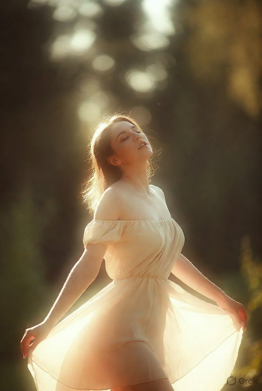 Woman in a pale off-shoulder dress bathed in warm backlight outdoors.