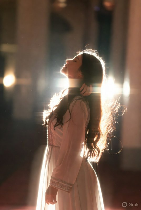 Woman in a sheer white dress stands in backlight with a soft halo and dreamy glow.