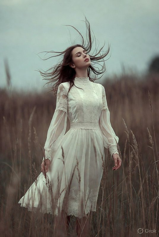 Woman in white lace dress standing in a windy field with hair blown by the breeze.