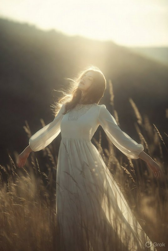 Woman in a white flowing dress stands in a golden-hour field with arms outstretched.