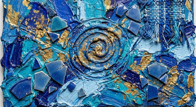 Abstract blue spiral with turquoise and navy shards and gold leaf on textured paint.