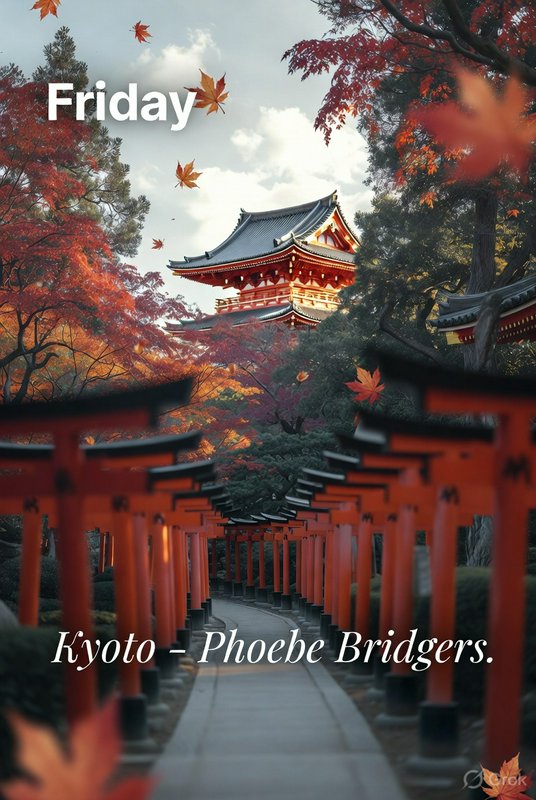 Kyoto torii gate path in autumn with a traditional temple and falling leaves