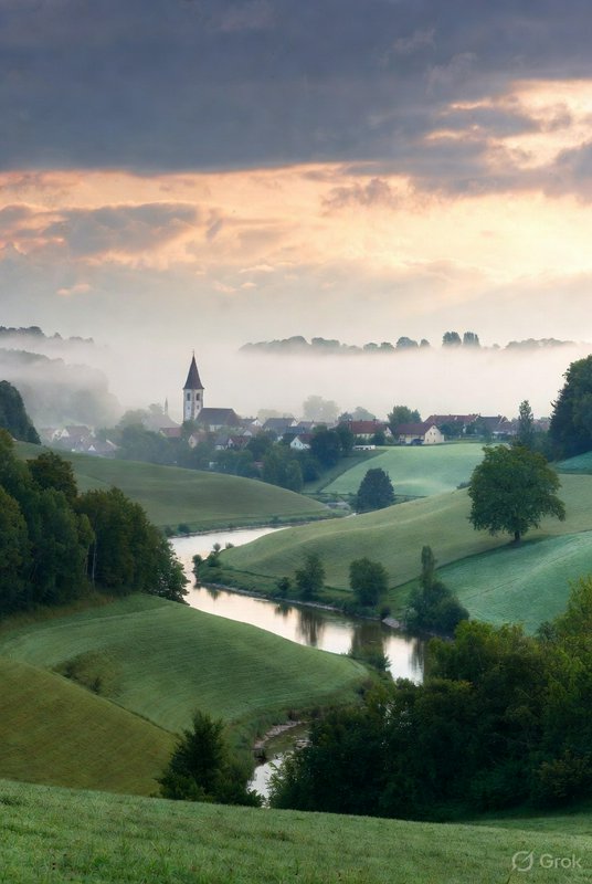 Misty dawn over a green valley with a church steeple and winding river.