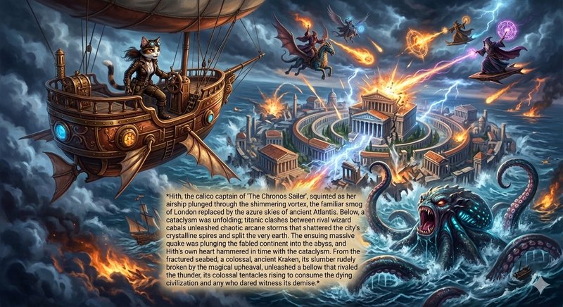 Epic fantasy airship battle above a stormy sea with dragons, a kraken, and a glowing city.