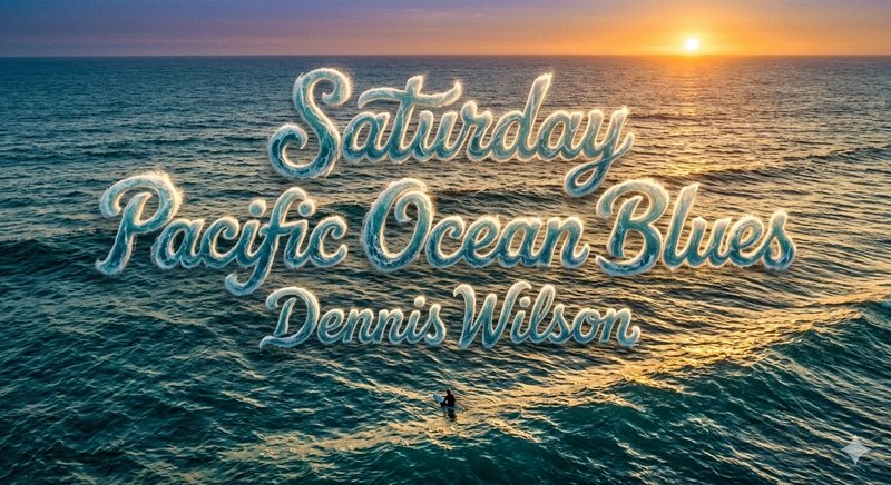 Sunset over the Pacific Ocean with large retro typography reading "Saturday Pacific Ocean Blues."