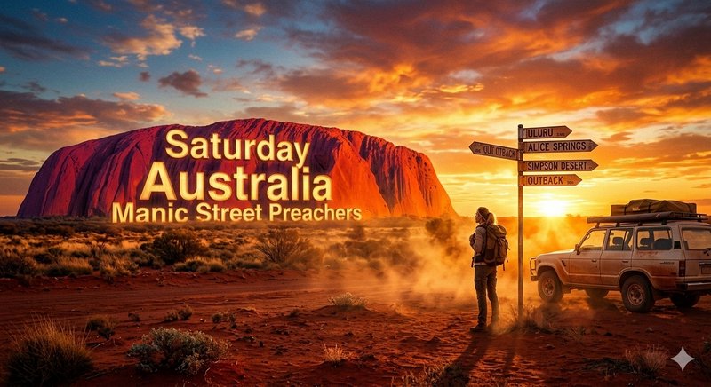 Silhouetted traveler beside a signpost near Uluru at sunset with a 4x4 parked on the red desert.