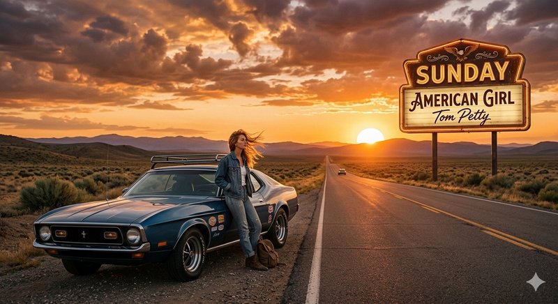 Woman leaning on a vintage blue car by a desert highway at sunset with an Americana roadside sign.