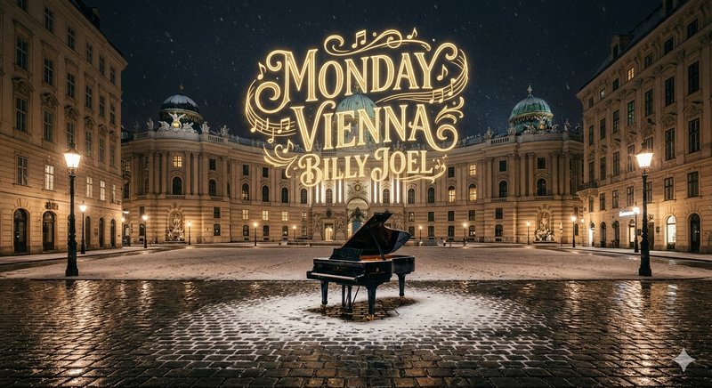 Grand piano on a rain-wet cobblestone square in Vienna at night with illuminated classical buildi...