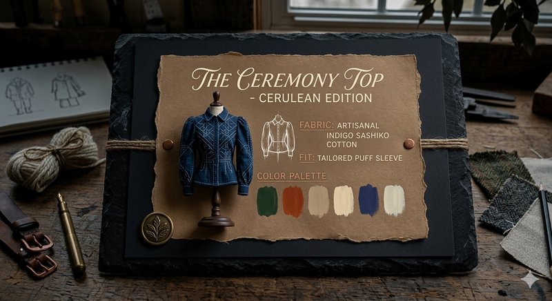 The Ceremony Top Cerulean Edition display featuring a miniature mannequin wearing a blue tailored...